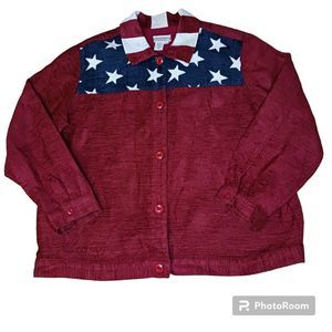 Coldwater Creek Women's 1X American Flag Jacket Chenille‎ Red Blue Stars Stripes